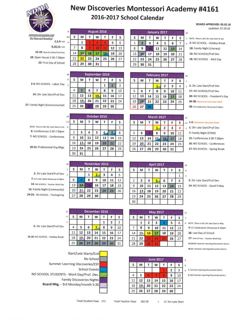 NDMA School Year Calendar updated 07.20.2016